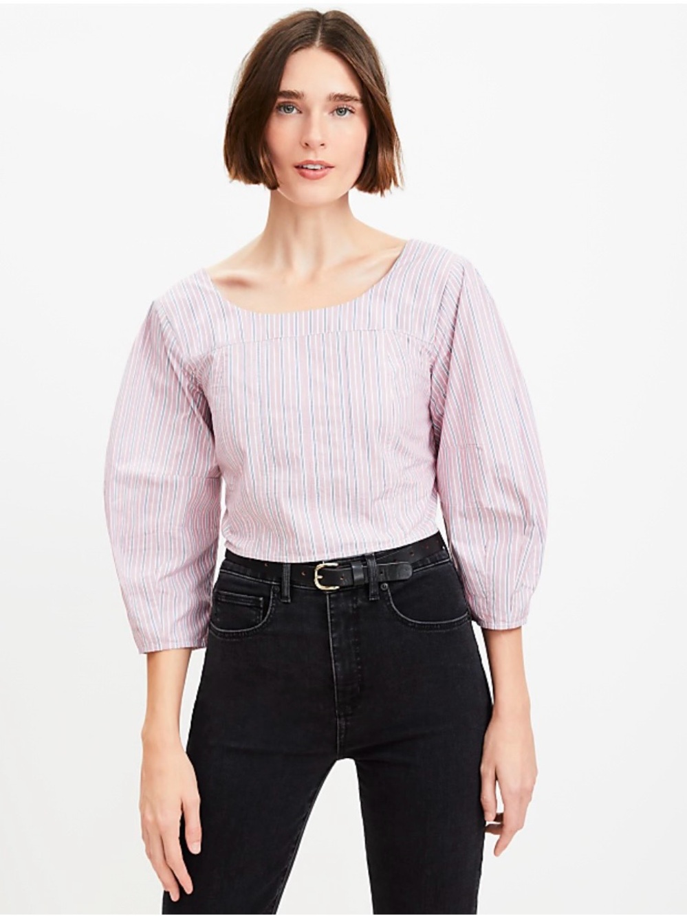 LOFT Pink and White Striped Poplin Corset Seamed Blouse SZ 4 Great Condition.